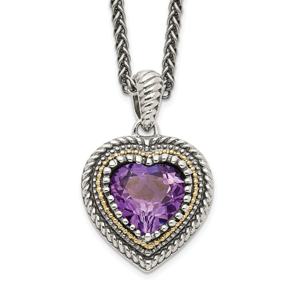 Sterling Silver & 14K Gold Amethyst Heart Necklace Vintage Inspired Elegance