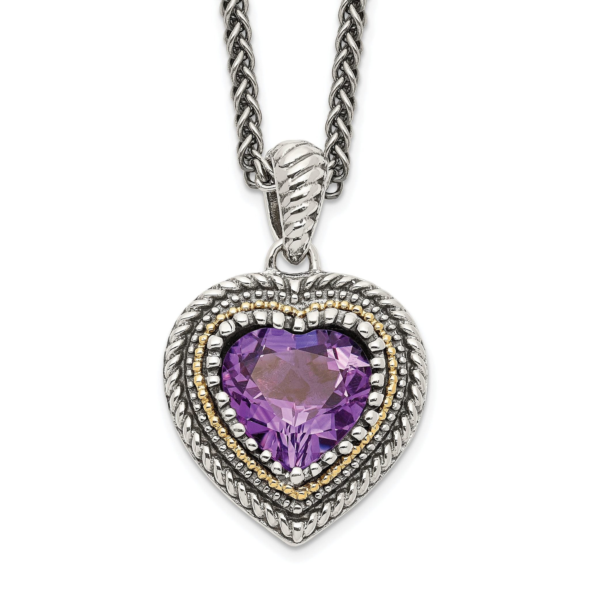 Sterling Silver & 14K Gold Amethyst Heart Necklace Vintage Inspired Elegance