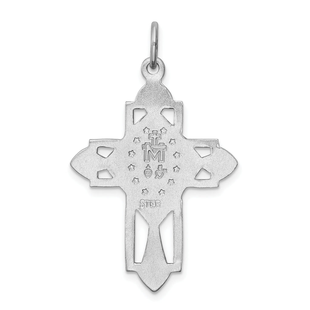 Sterling Silver 925 Miraculous Medal Cross Pendant with Blue Accents