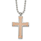 Chisel Titanium Polished Rose IP-plated Laser Cut Cross 22 inch Necklace
