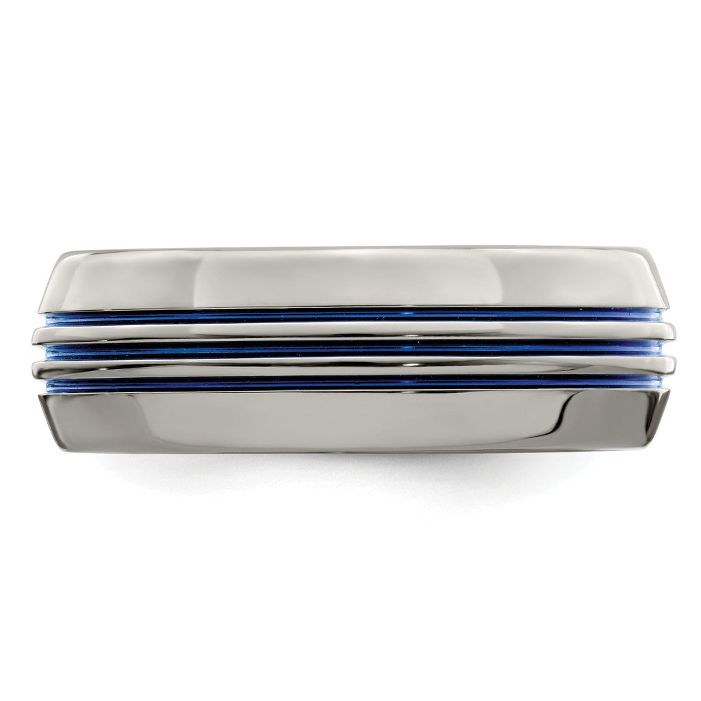 Titanium Wedding Band with Blue Anodized Grooves and Polished Finish