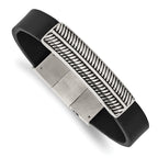 Stainless Steel Antiqued and Polished Black Leather Bracelet with . Extension
