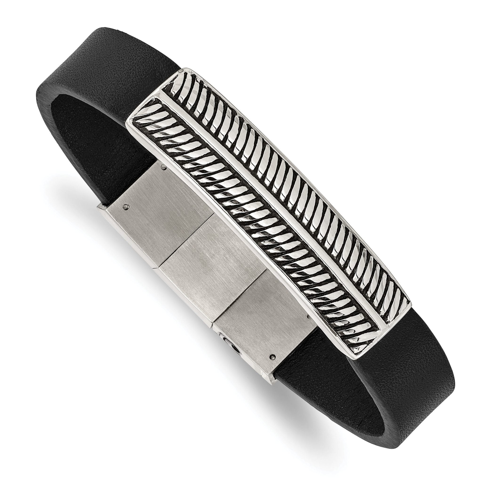 Stainless Steel Antiqued and Polished Black Leather Bracelet with . Extension