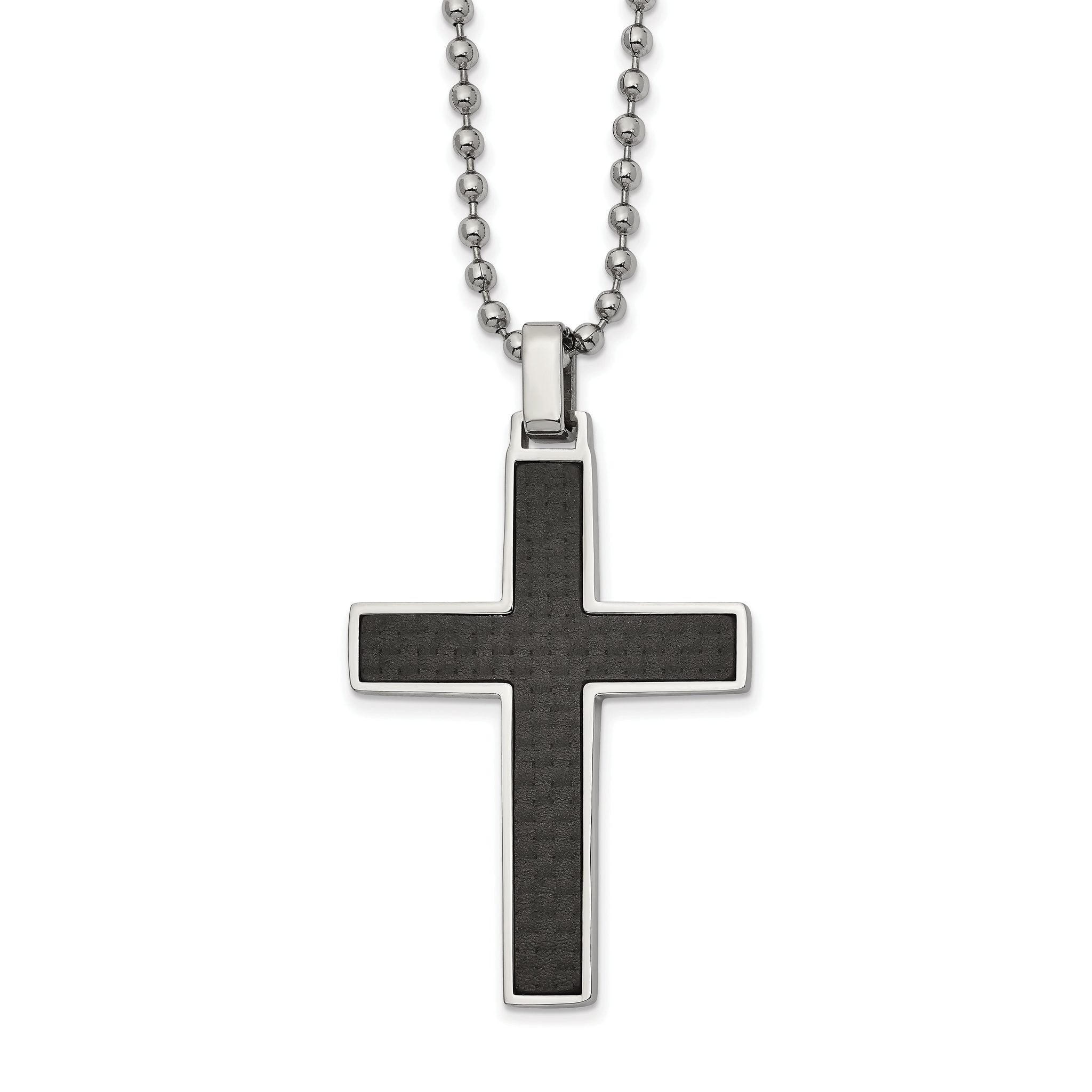 Stainless Steel Polished w/Carbon Fiber & Wood Inlay Reversible Necklace Secondary image