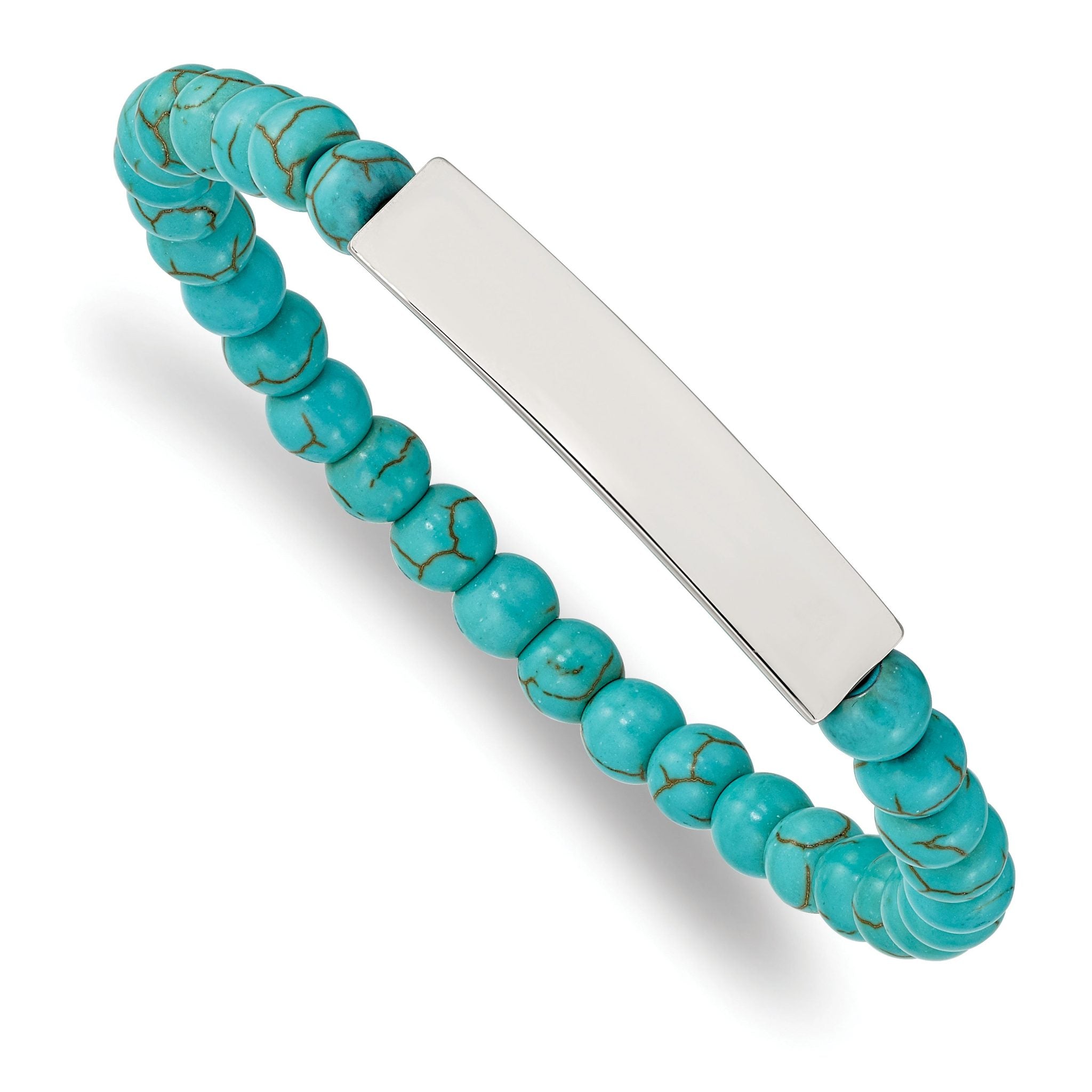 Stainless Steel Polished ID Plate 6mm Reconstructed Turquoise Beaded Stretch Bracelet Main image