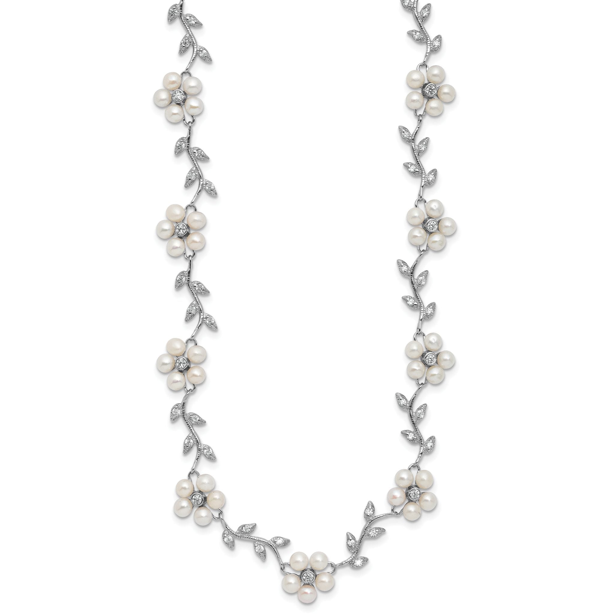Sterling Silver Rhodium-plated CZ Vine Pattern and Fresheater Cultured Pearl Floral 16 inch Necklace Secondary image