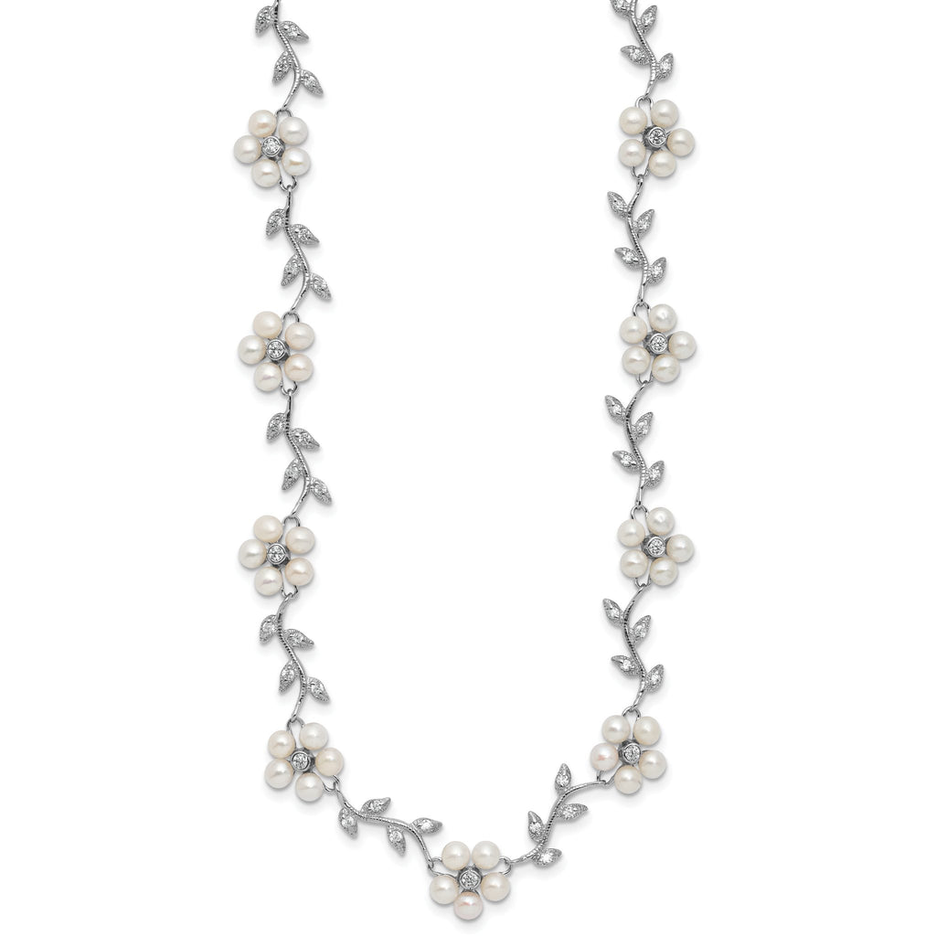 Sterling Silver Rhodium-plated CZ Vine Pattern and Fresheater Cultured Pearl Floral 16 inch Necklace