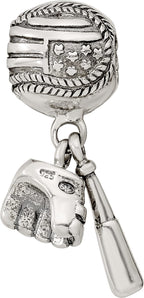 Sterling Silver 925 Baseball Glove & Bat Dangle Bead with Antiqued Finish