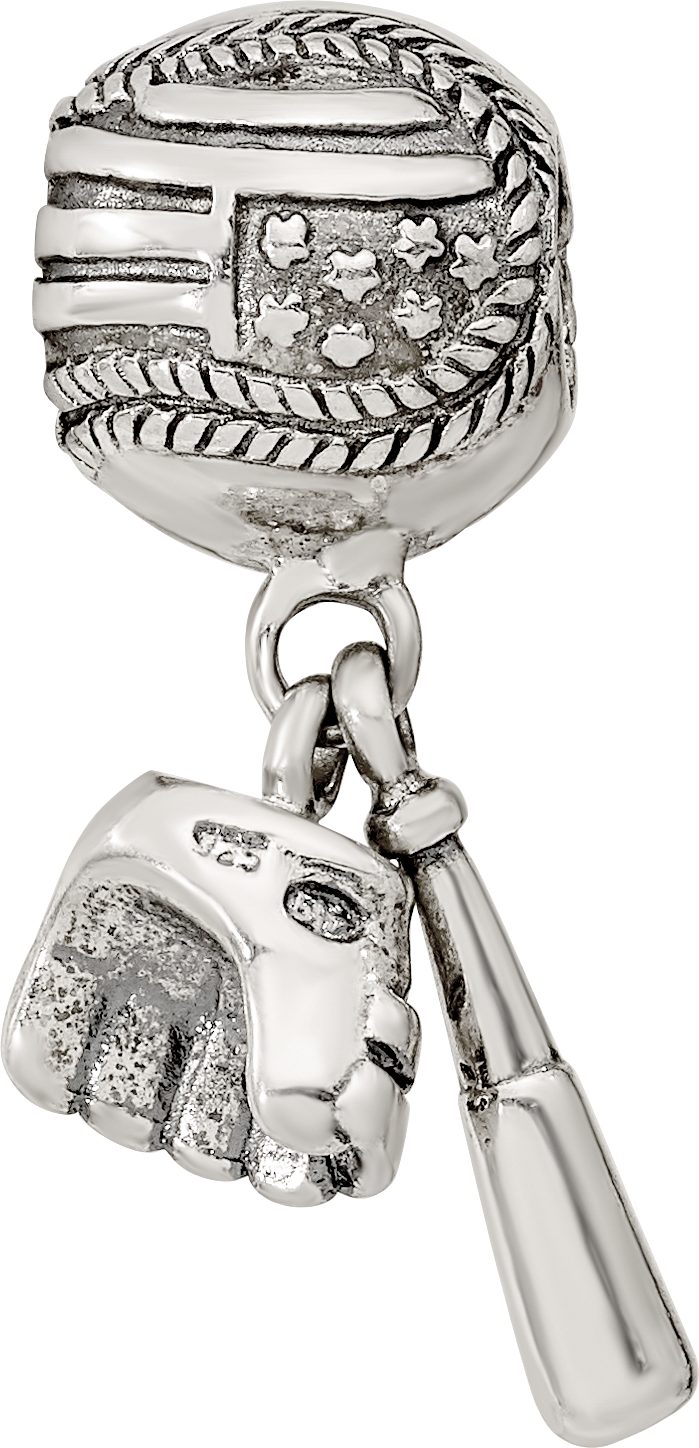 Sterling Silver 925 Baseball Glove & Bat Dangle Bead with Antiqued Finish