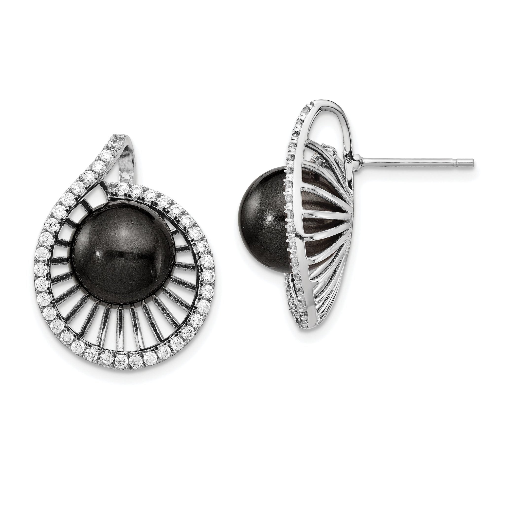 Sophia Jewelers Sterling Silver Rhodium-Plated Black Pearl CZ Drop Earrings