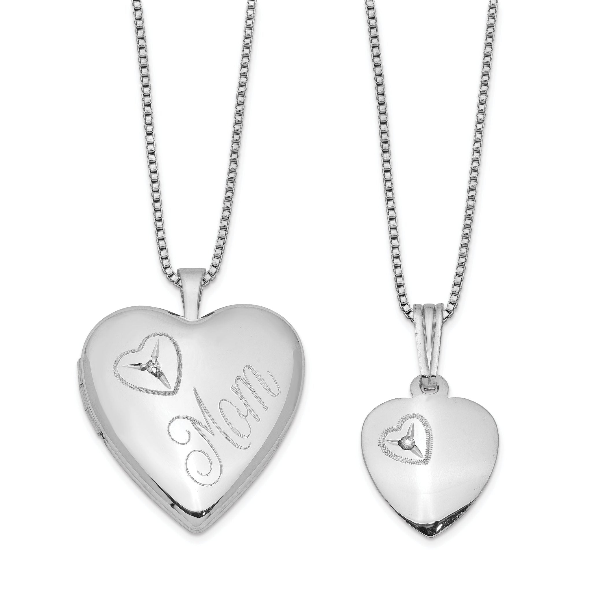 Sterling Silver Rhodium-plated Polished Diamond Heart 18in Mom Locket Necklace & 14in Heart Pendant Necklace Set Main image
