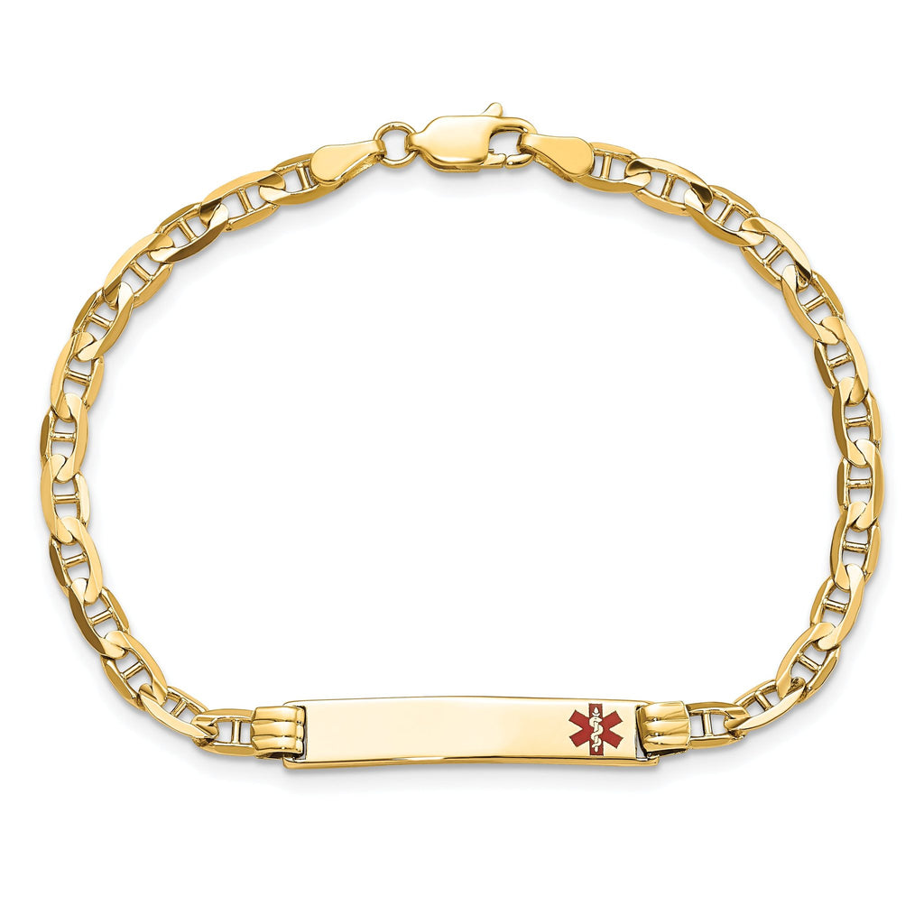 14K Medical Solid Chain/Solid Plate 26x5mm Off-Center Red Enamel Anchor Link 7 inch ID Bracelet