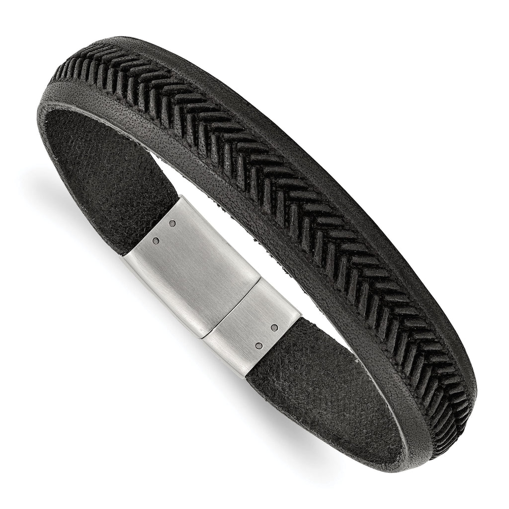 Stainless Steel Polished Textured Black Italian Leather Bracelet for Men