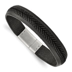 Stainless Steel Polished Textured Black Italian Leather Bracelet for Men