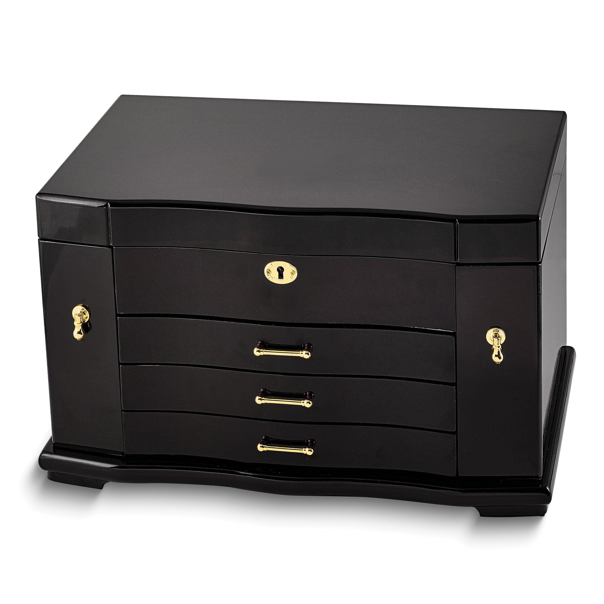 Luxury Giftware High GloSterling Silver Walnut Burl Veneer 3-drawer with Swing-out Sides Locking Wooden Jewelry Box Main image