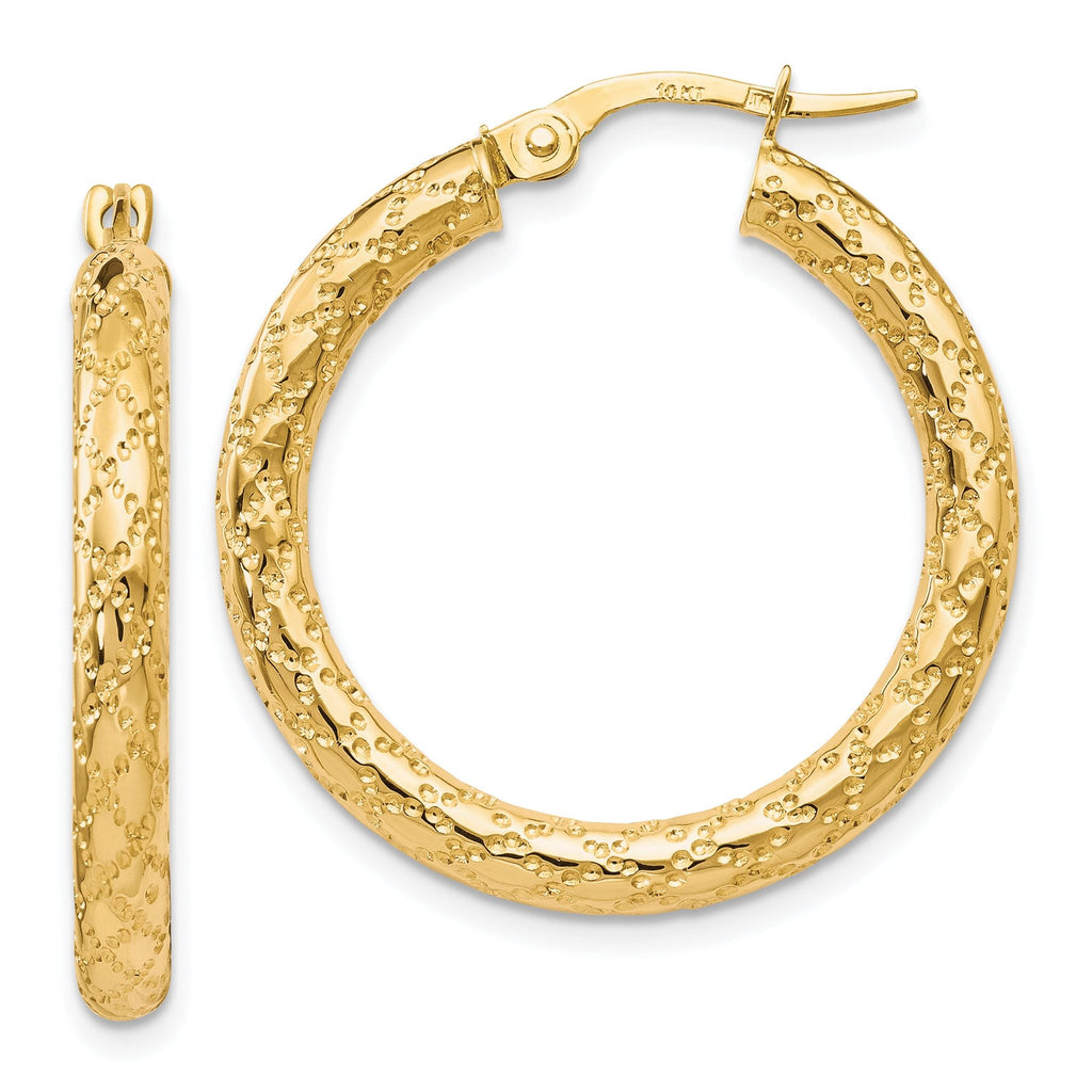 10K Gold Polished and Textured Women's Hoop Earrings with Hinged Closure