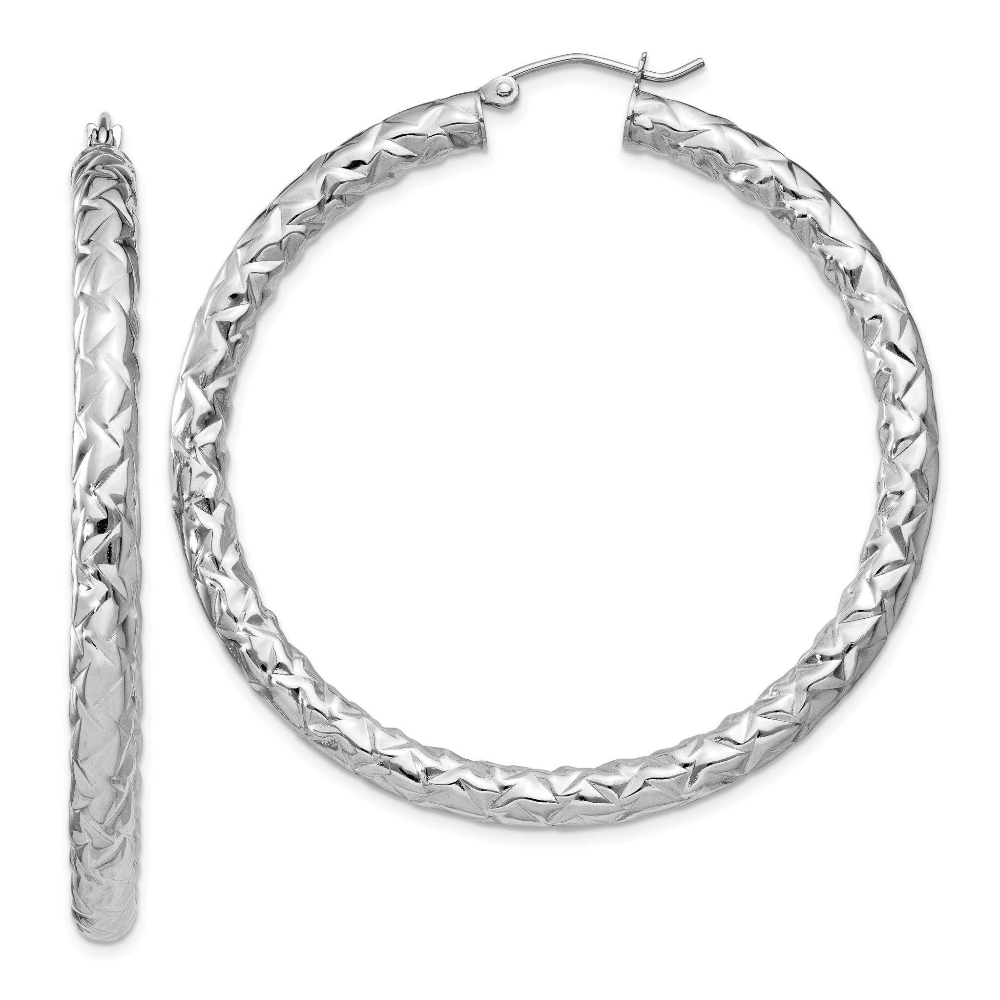 Sterling Silver Rhodium-Plated Textured Hoop Earrings 4x50mm Polished Finish
