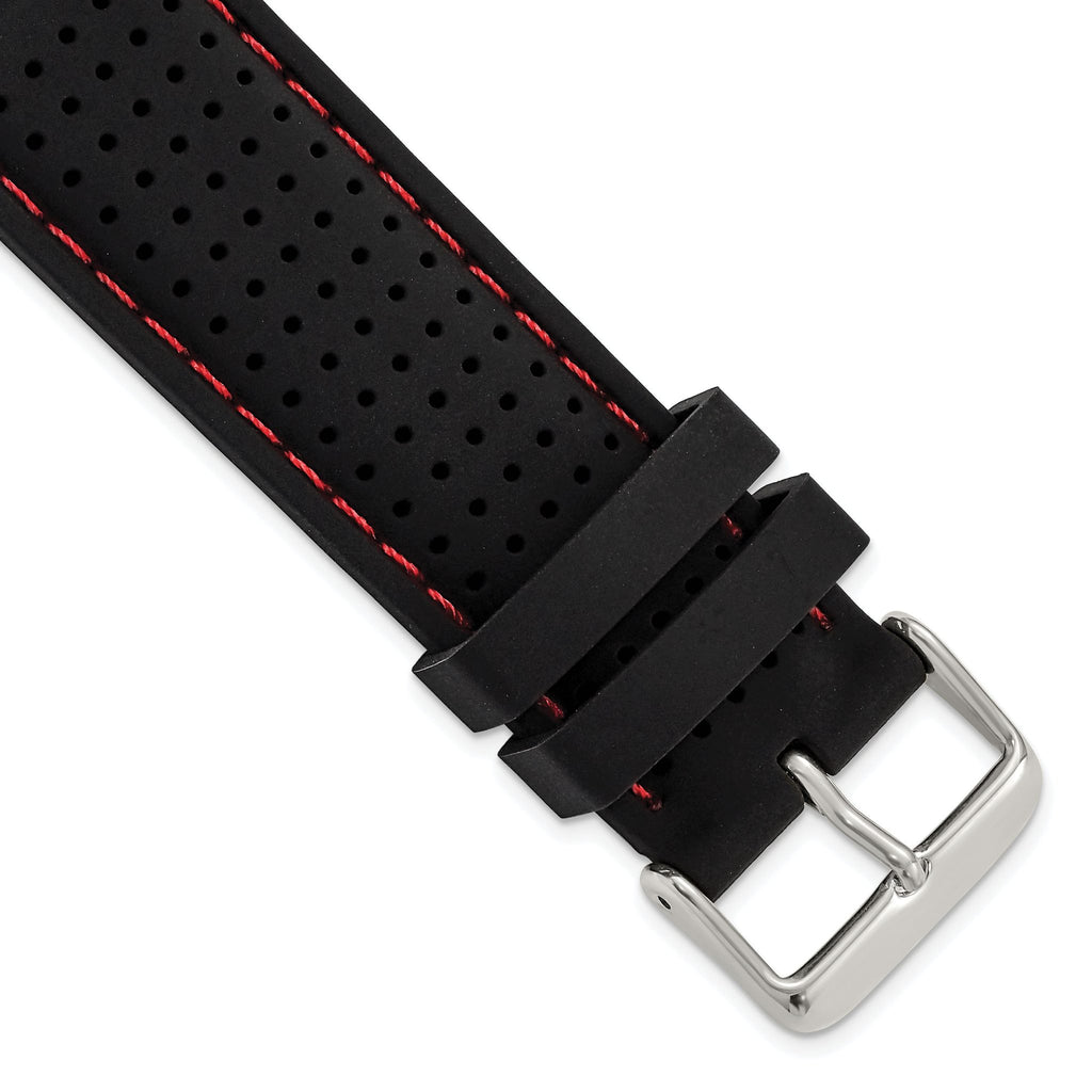 18mm Black Ventilated Silicone with Red Stitching and Silver-tone Buckle 8 inch Watch Band