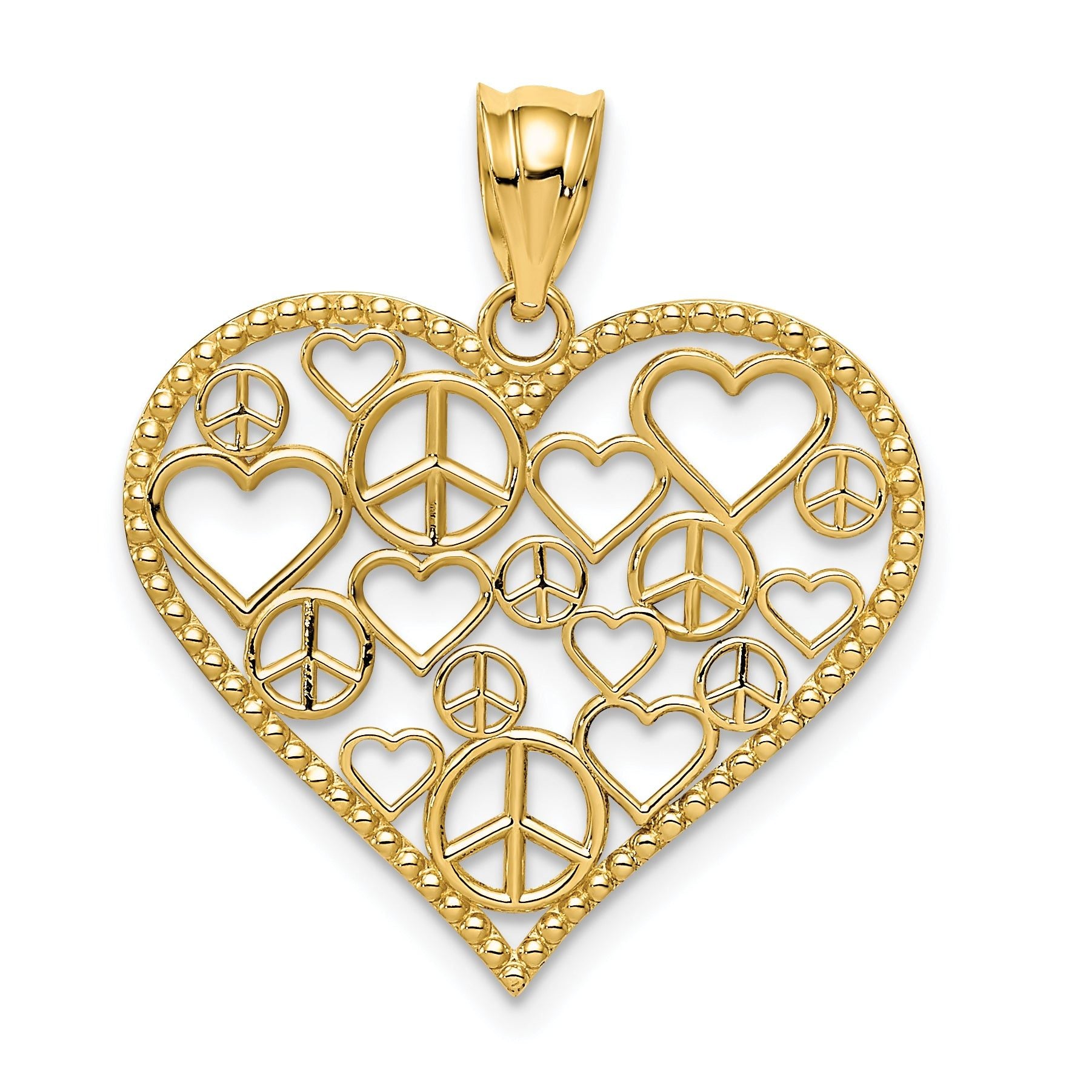 14K Gold Polished Heart Pendant with Peace Sign Design Elegant and Solid