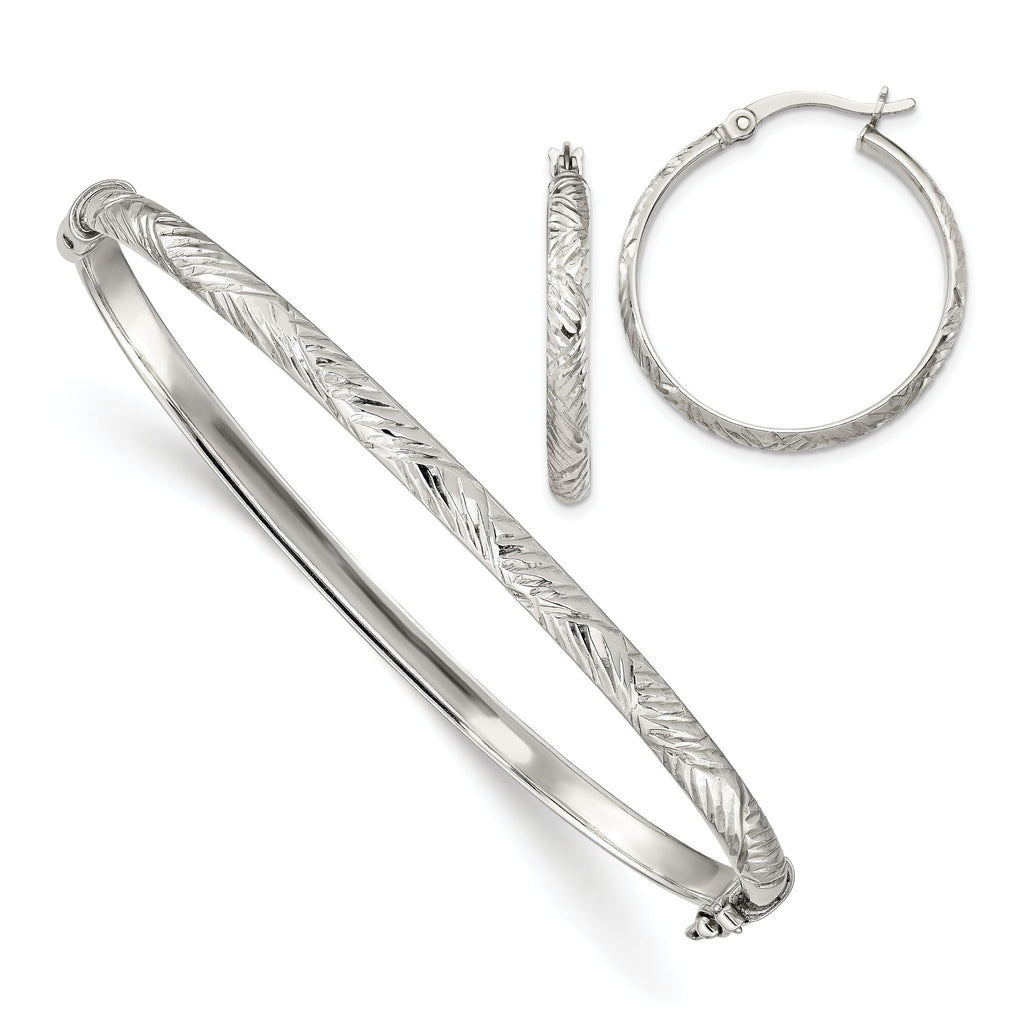 Sterling Silver Diamond Cut 4mm Bangle and 3mm Hoop Earring Set
