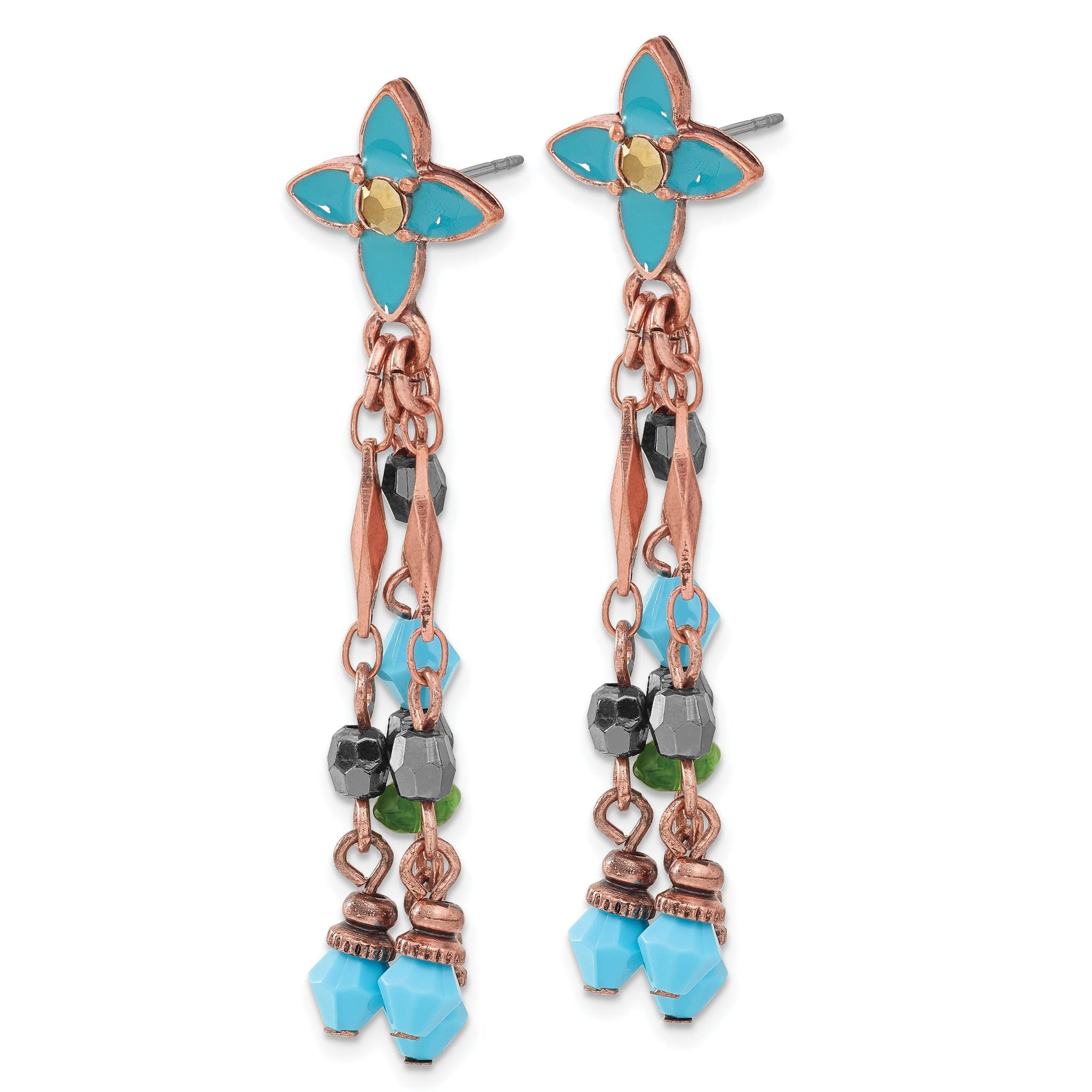 1928 Jewelry Copper-tone Link Teal Enamel Flower and Teal Green and Brown Acrylic Beads Dangle Post Earrings Secondary image