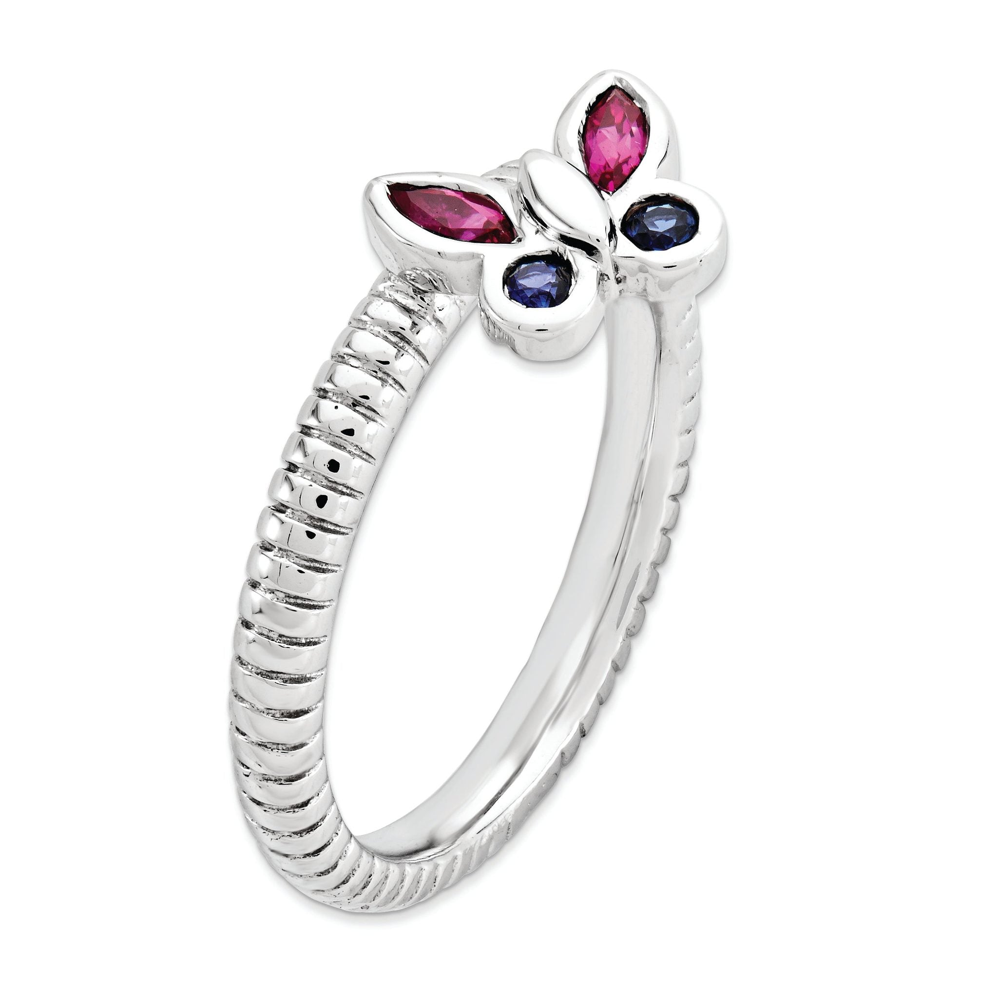 Sterling Silver Stackable Expressions Cr. Ruby, Cr. Sapphire Butterfly Ring