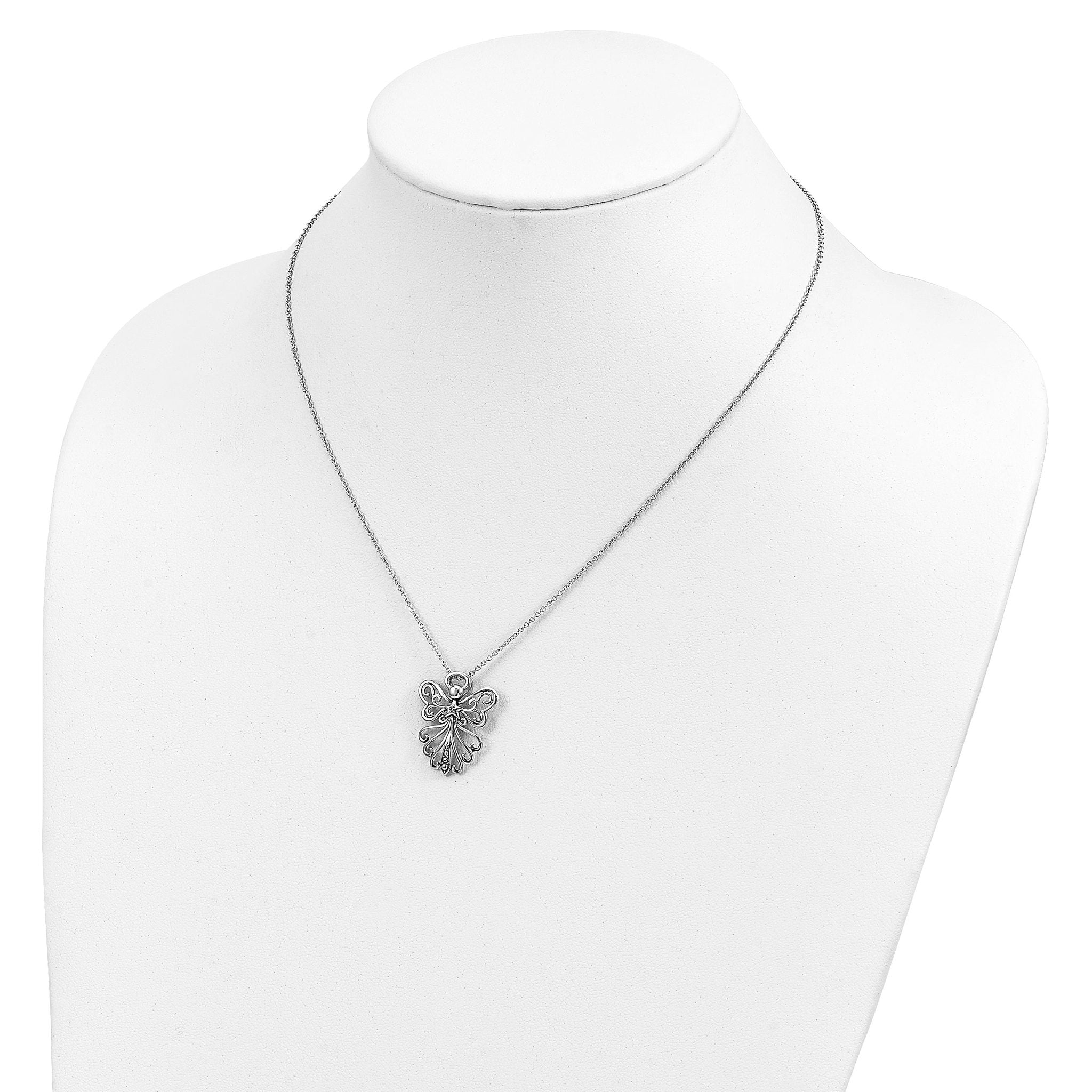 Sentimental Expressions Sterling Silver Rhodium-plated CZ Antiqued Angel, Heavenly Angel 18 Inch Necklace