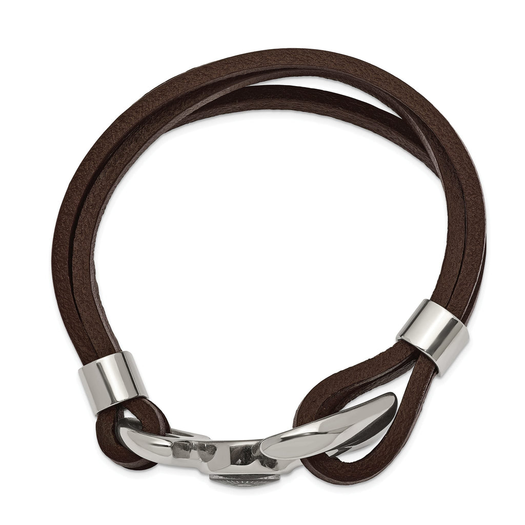 Stainless Steel Polished Functional Compass Multi Strand Brown Leather Bracelet for Men