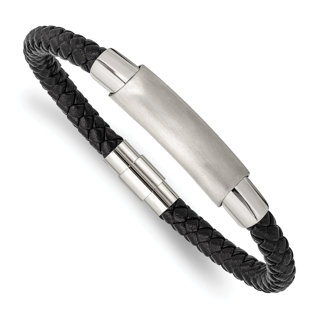 Stainless Steel Brushed and Polished Black Braided Leather Bracelet