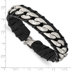 Stainless Steel Brushed Curb Chain and Black Leather Bracelet for Men