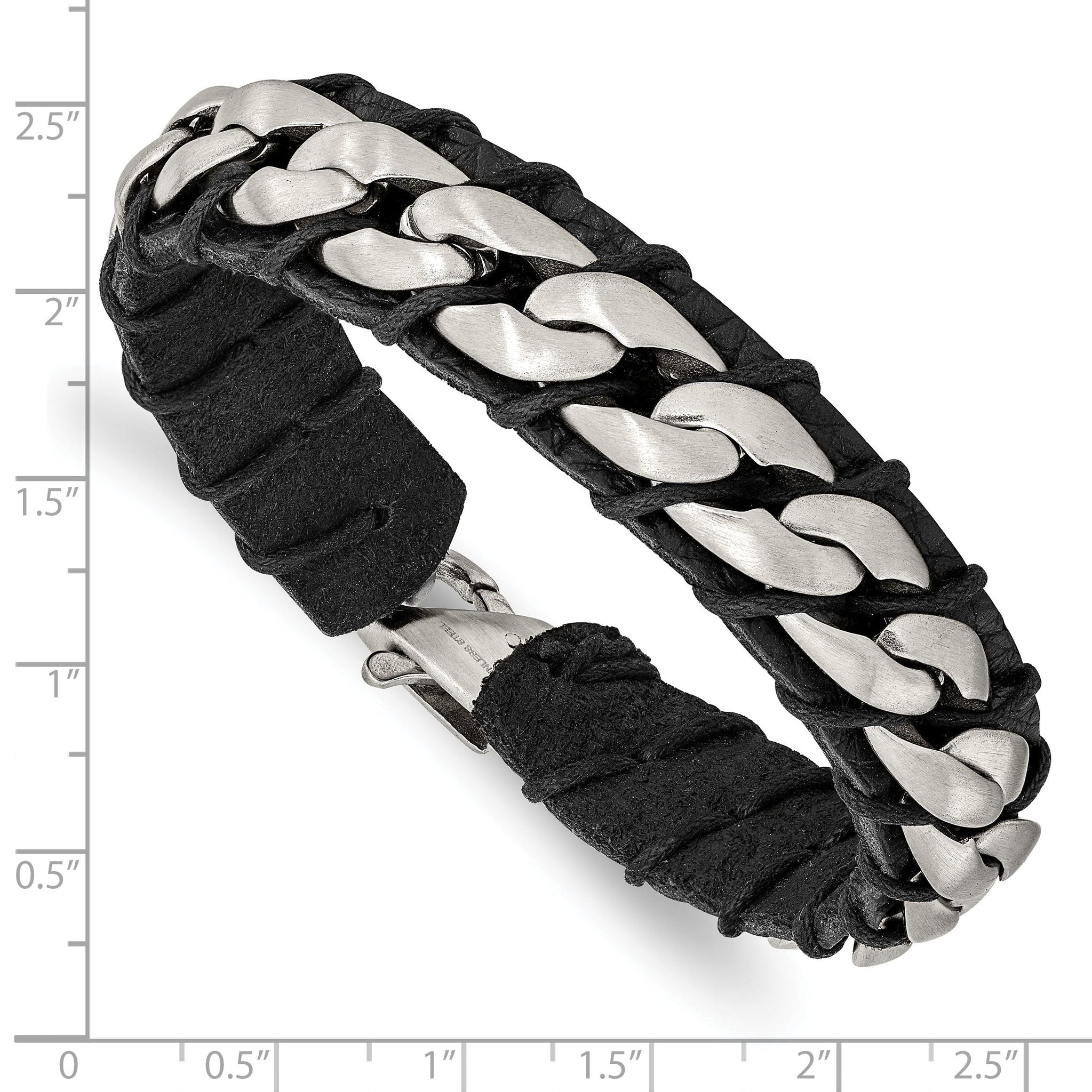 Stainless Steel Brushed Curb Chain and Black Leather Bracelet for Men
