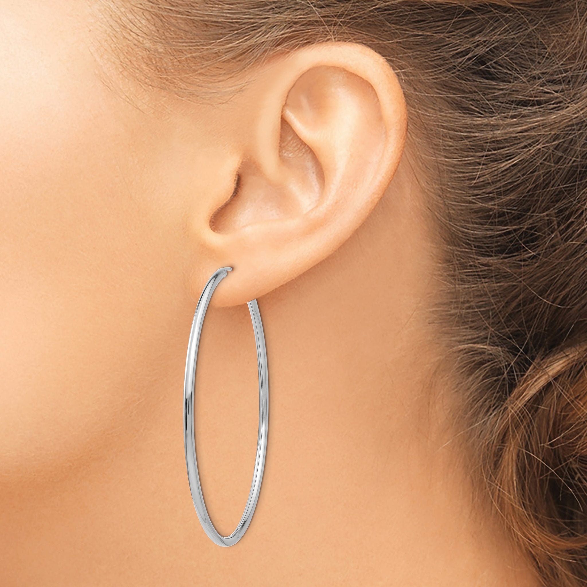 14K White Gold Polished Endless Hoop Earrings 2mm Elegant Rhodium Finish