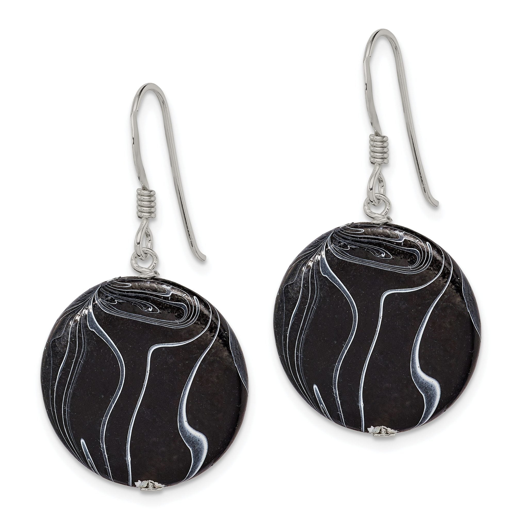 Sterling Silver Polished Black Agate Disc Dangle Earrings Secondary image