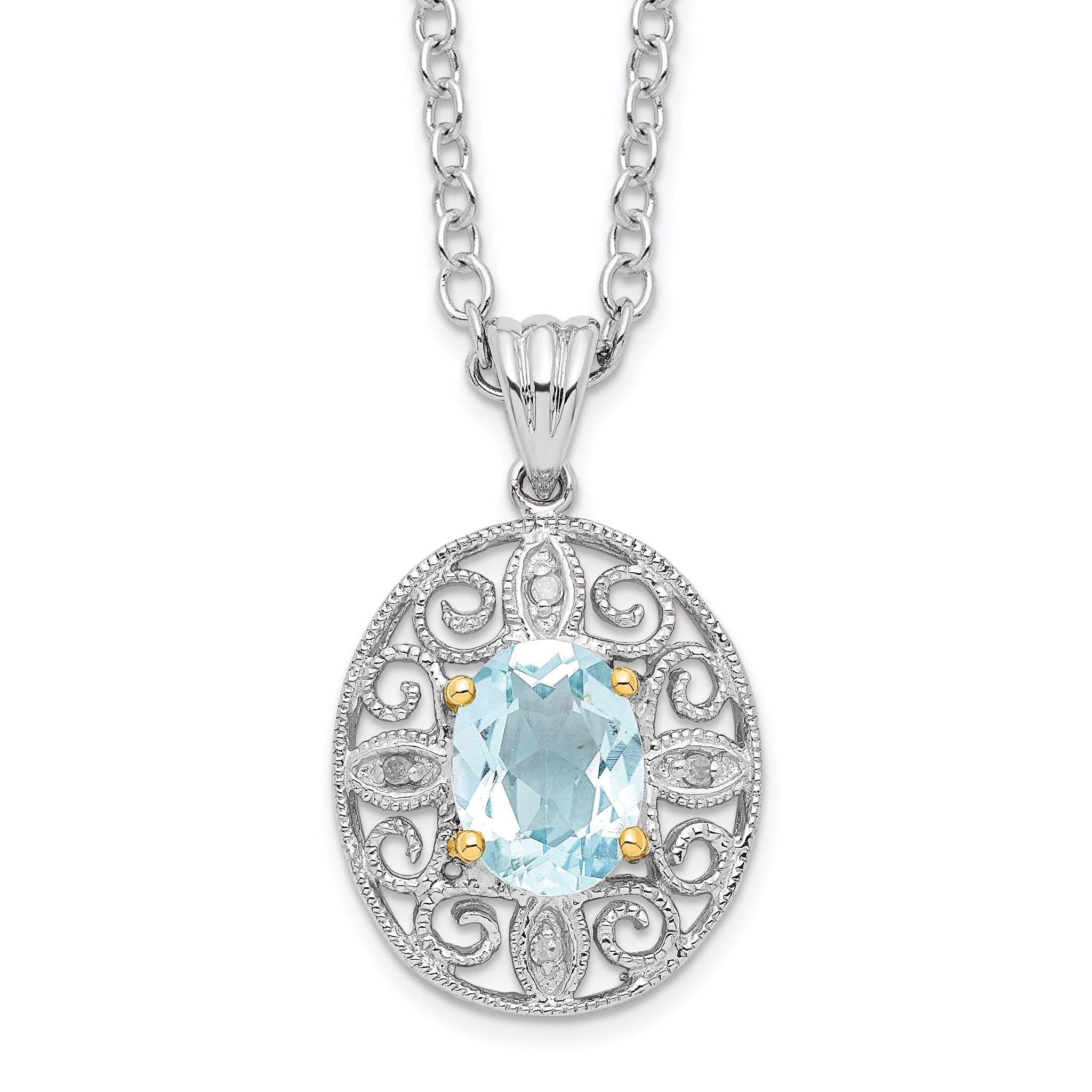 Brilliant Gemstones Sterling Silver with 14K Accent Rhodium-plated Sky Blue Topaz and Diamond 18 Inch Necklace with 2 Inch Extender Main image