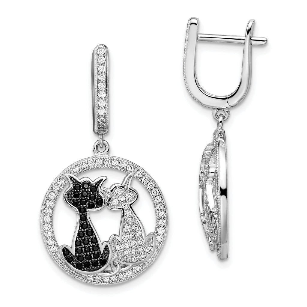 Sophia Jewelers Sterling Silver Cat Dangle Earrings with Black & White CZ