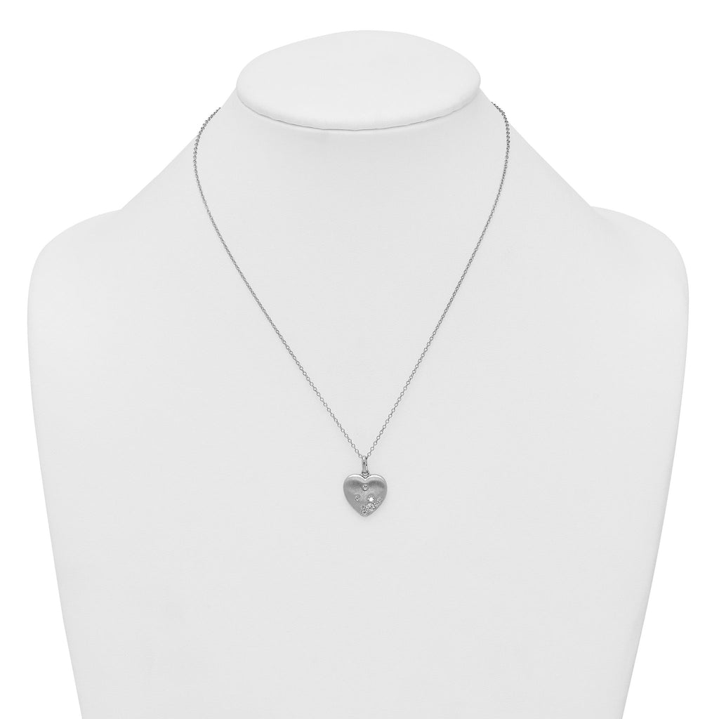 Sterling Silver Rhodium-plated Brushed CZ Heart 17.5 inch Necklace