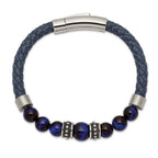 Stainless Steel Antiqued and Polished Blue Tiger's Eye Beads Blue Leather Bracelet for Men