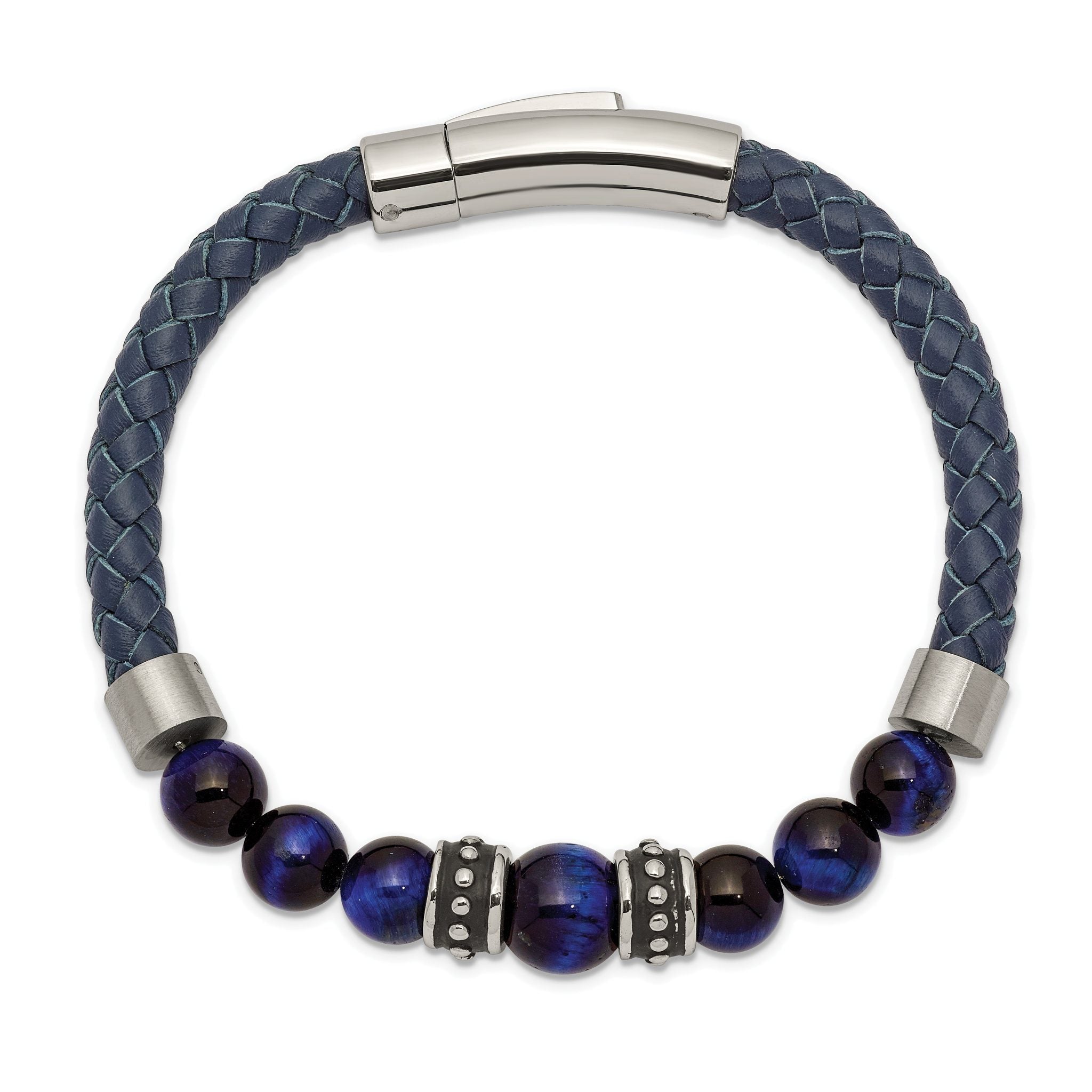 Stainless Steel Antiqued and Polished Blue Tiger's Eye Beads Blue Leather Bracelet for Men
