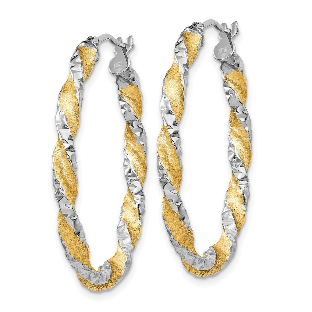 14K White Gold & Yellow Rhodium Twisted Oval Hoop Earrings  Polished Diamond-Cut Finish