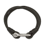 Stainless Steel Polished Shackle Multi Strand Black Leather Bracelet for Men