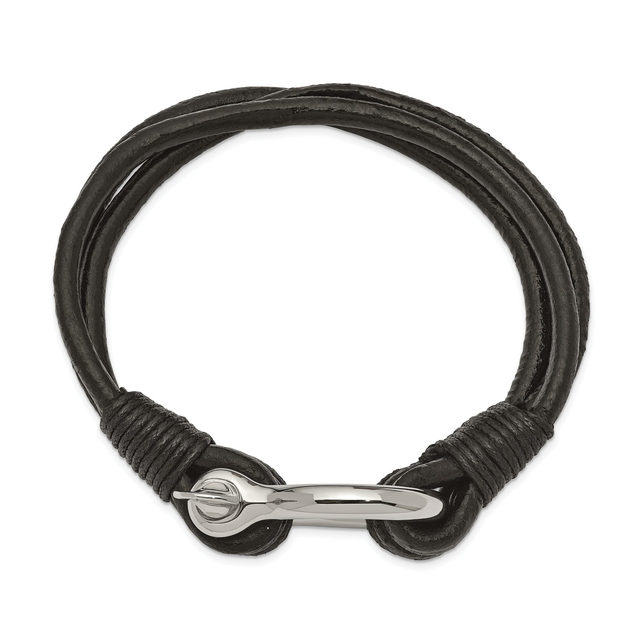 Stainless Steel Polished Shackle Multi Strand Black Leather Bracelet for Men