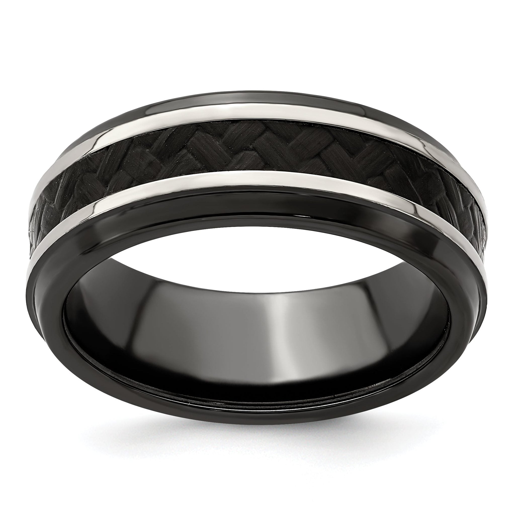 Edward Mirell Polished Titanium Men's Ring with Black Carbon Fiber