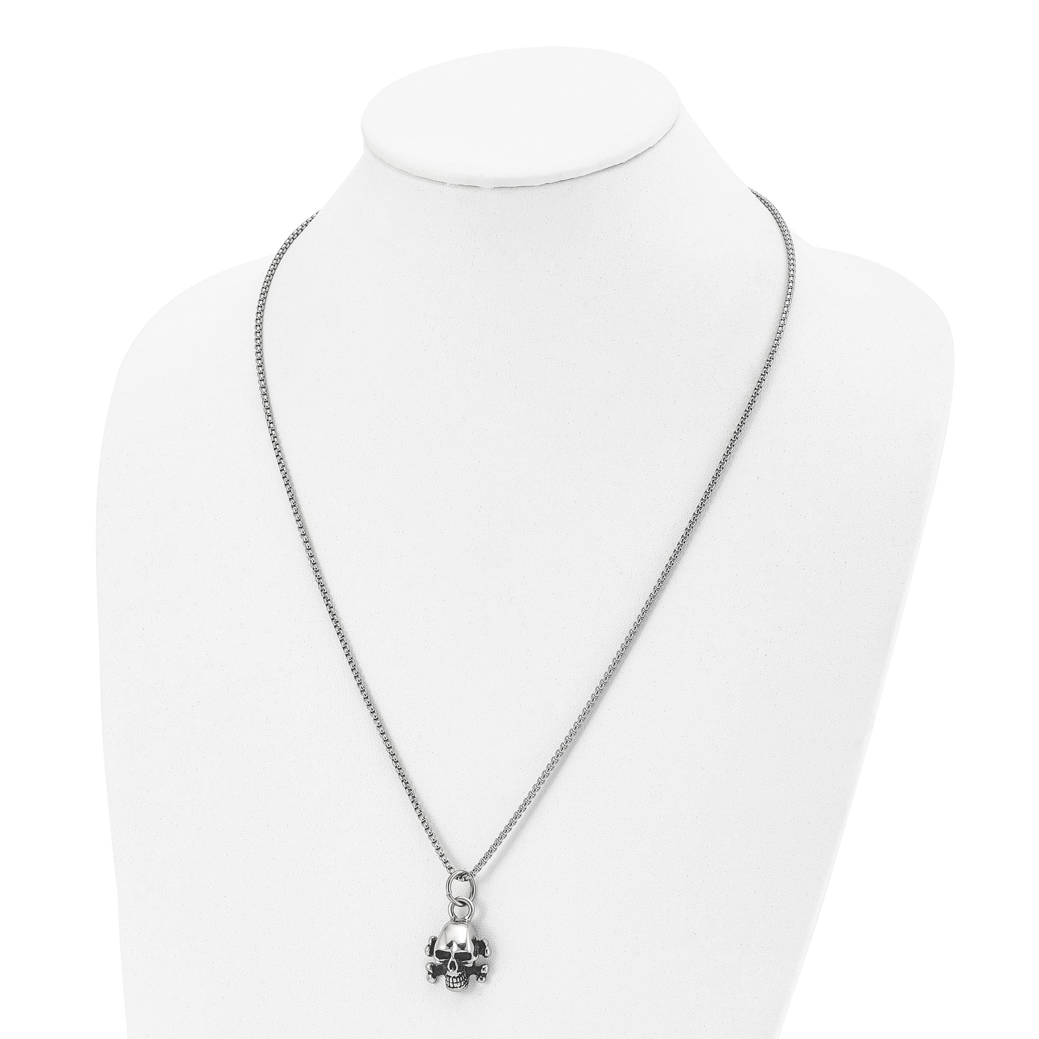 Chisel Stainless Steel Antiqued and Polished Skull and Cross Bones Pendant on a 24 inch Box Chain Necklace Secondary image