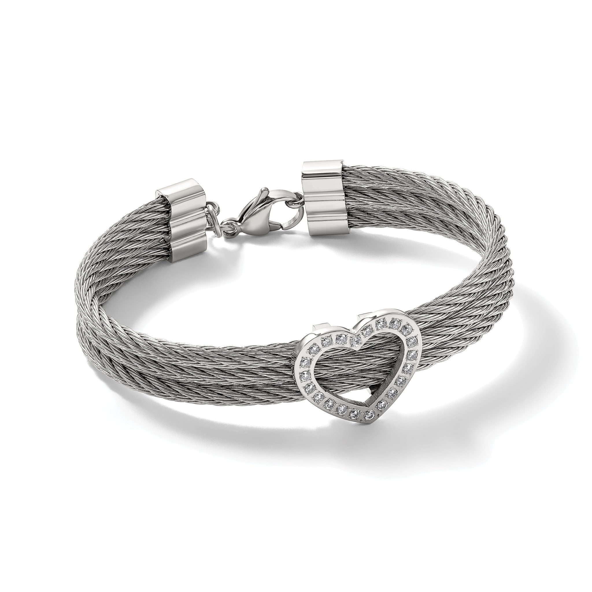 Stainless Steel Polished wire with Cubic Zirconia Heart Bracelet for Women