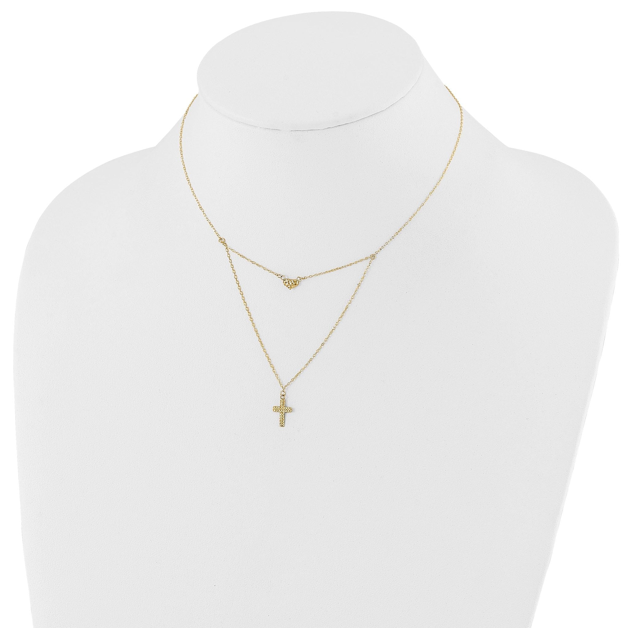 14K Gold Polished Cross & Heart Necklace with Extender Elegant Women's Jewelry