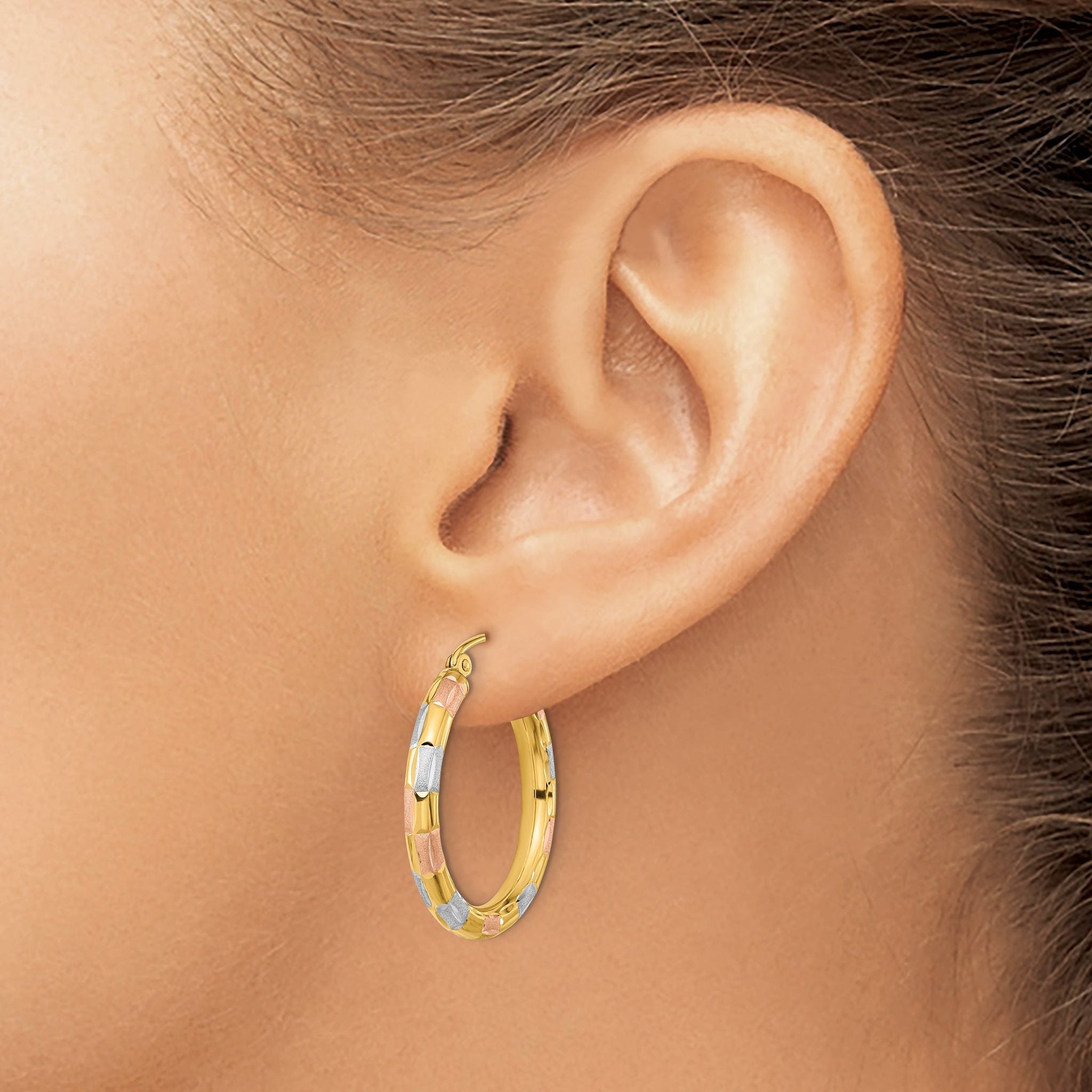14k w/White and Rose Rhodium Polished Satin Diamond-cut Hoop Earrings