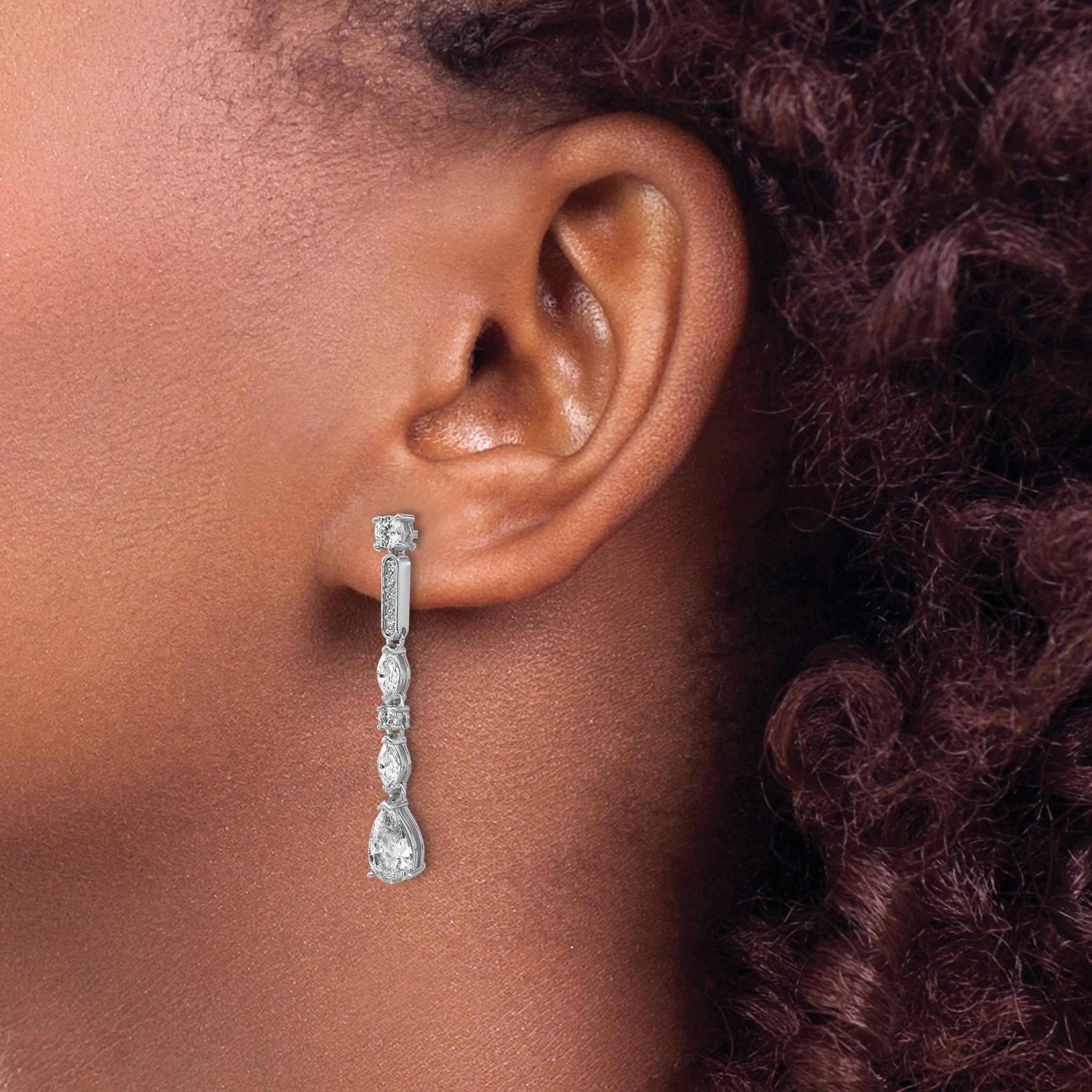 Cheryl M Sterling Silver Rhodium-plated Polished Fancy CZ Teardrop Post Dangle Earrings