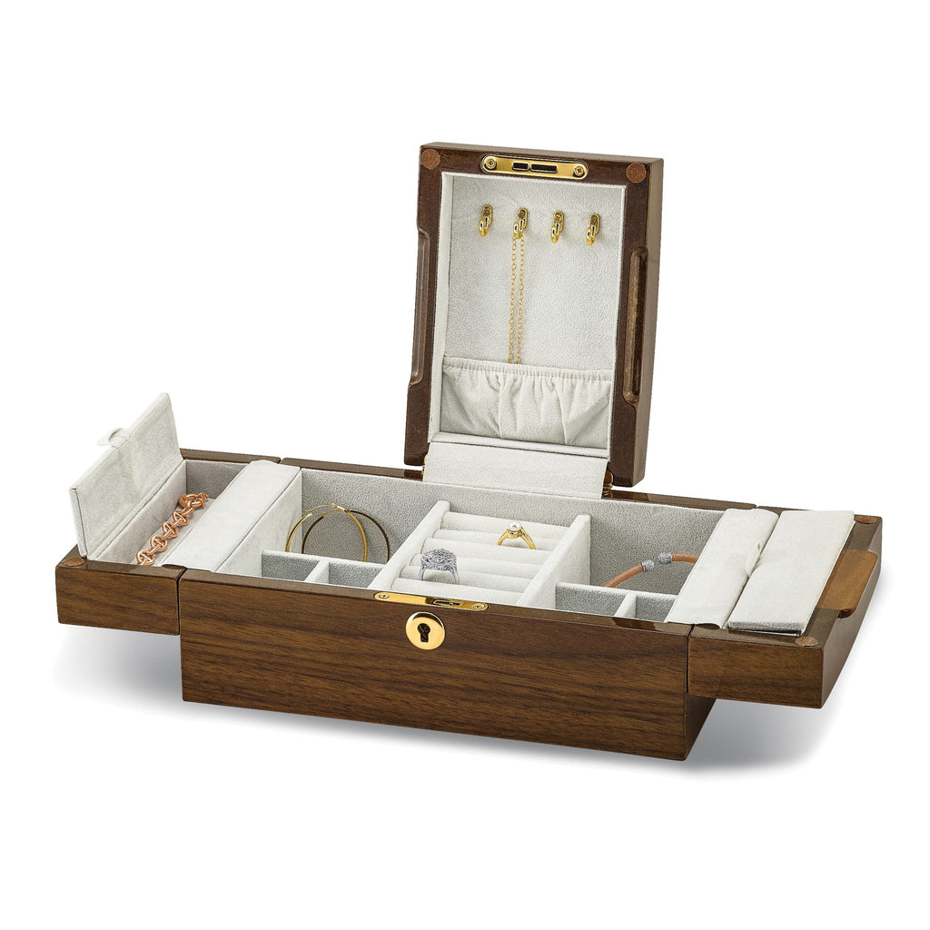 Luxury Giftware High GloSterling Silver Mapa Burl and Walnut Burl Veneer Fold-out Top Locking Wooden Jewelry Box