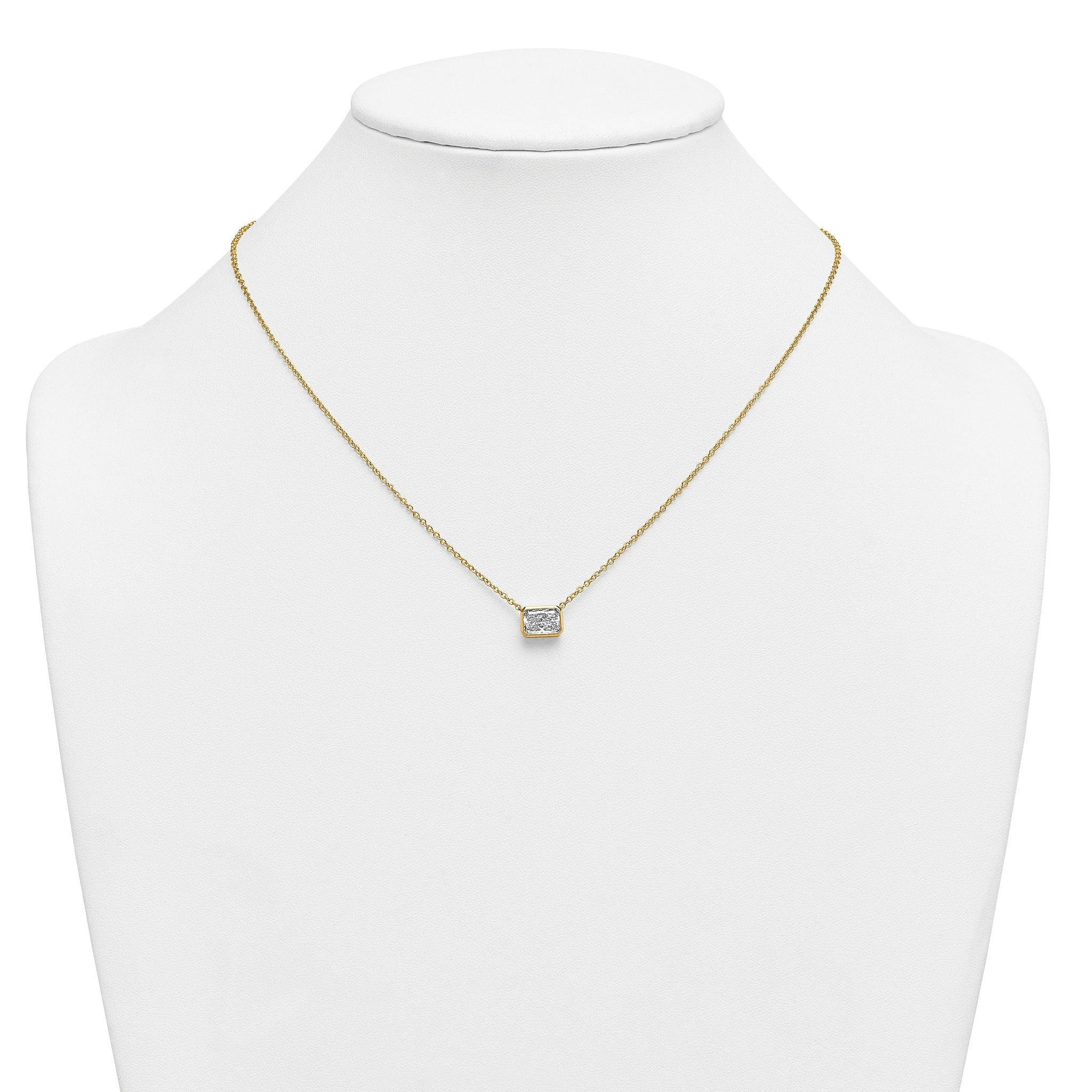 14k 1 1/2 carat Certified Lab Grown Diamond VS+ F+ Radiant Complete 18 inch Bezel Set Solitaire Necklace