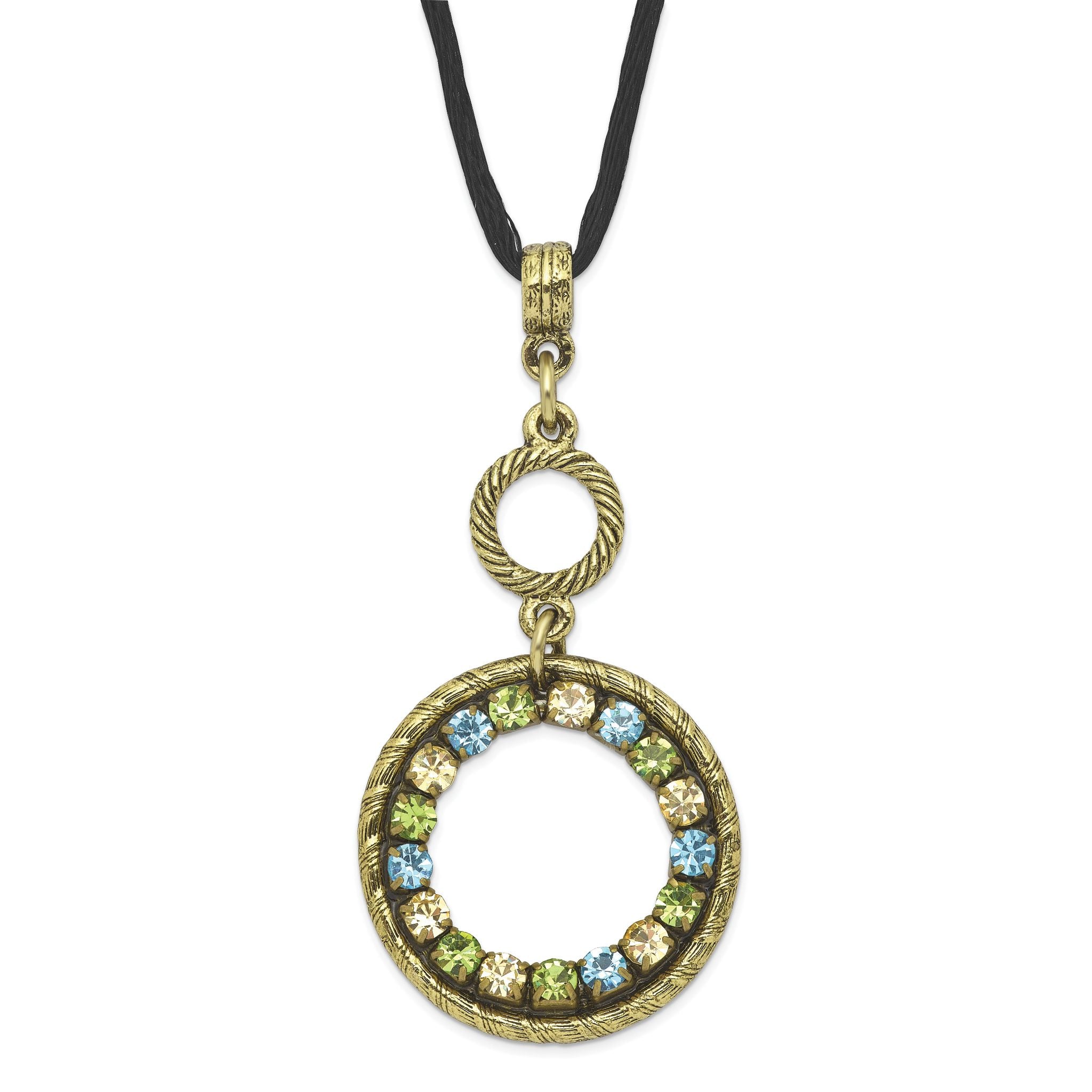 1928 Jewelry Brass-tone Blue Green and Light Colorado Crystal Double Circle Adjustable 16 inch Satin Cord Necklace with 3 inch extension Main image